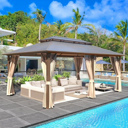 Gazebo rigido per giardino – Pergolato permanente con rete, tende e doppio tetto, riparo esterno per tutte le stagioni