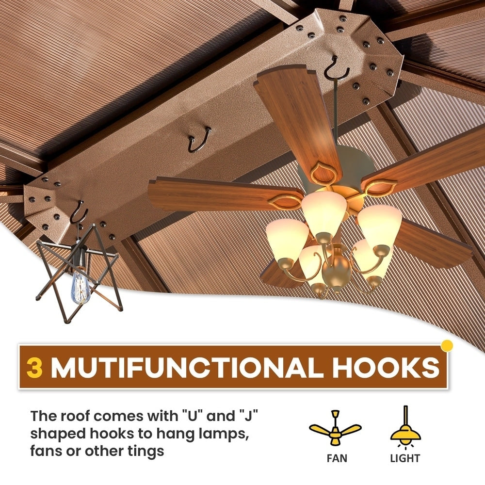 Gazebo rigido per giardino – Pergolato permanente con rete, tende e doppio tetto, riparo esterno per tutte le stagioni