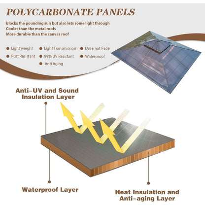 Gazebo rigido per giardino – Pergolato permanente con rete, tende e doppio tetto, riparo esterno per tutte le stagioni