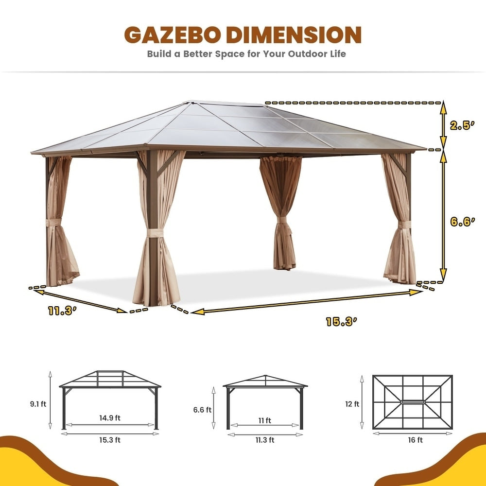 Gazebo rigido per giardino – Pergolato permanente con rete, tende e doppio tetto, riparo esterno per tutte le stagioni