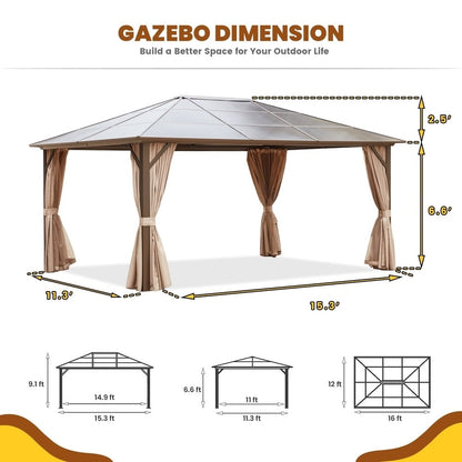 Gazebo rigido per giardino – Pergolato permanente con rete, tende e doppio tetto, riparo esterno per tutte le stagioni