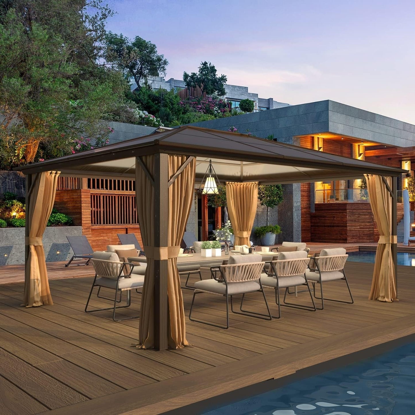 Gazebo rigido per giardino – Pergolato permanente con rete, tende e doppio tetto, riparo esterno per tutte le stagioni