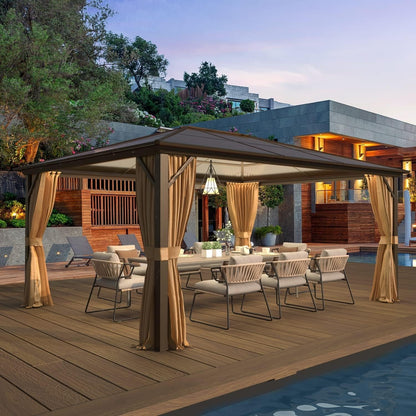 Gazebo rigido per giardino – Pergolato permanente con rete, tende e doppio tetto, riparo esterno per tutte le stagioni