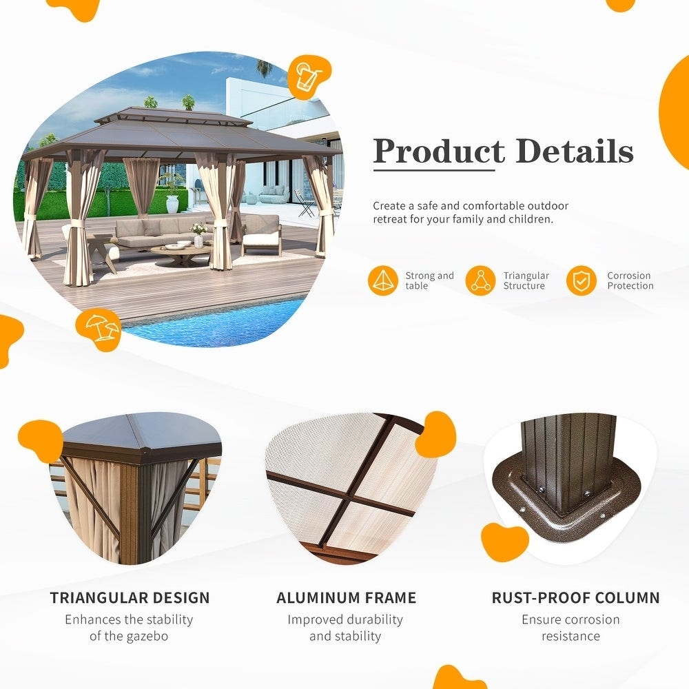 Gazebo rigido per giardino – Pergolato permanente con rete, tende e doppio tetto, riparo esterno per tutte le stagioni
