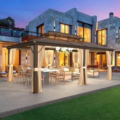 Gazebo rigido per giardino – Pergolato permanente con rete, tende e doppio tetto, riparo esterno per tutte le stagioni