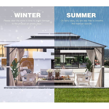 Gazebo rigido per giardino – Pergolato permanente con rete, tende e doppio tetto, riparo esterno per tutte le stagioni