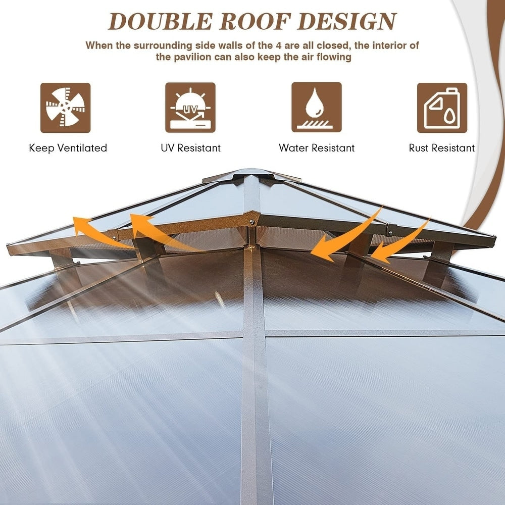 Gazebo rigido per giardino – Pergolato permanente con rete, tende e doppio tetto, riparo esterno per tutte le stagioni