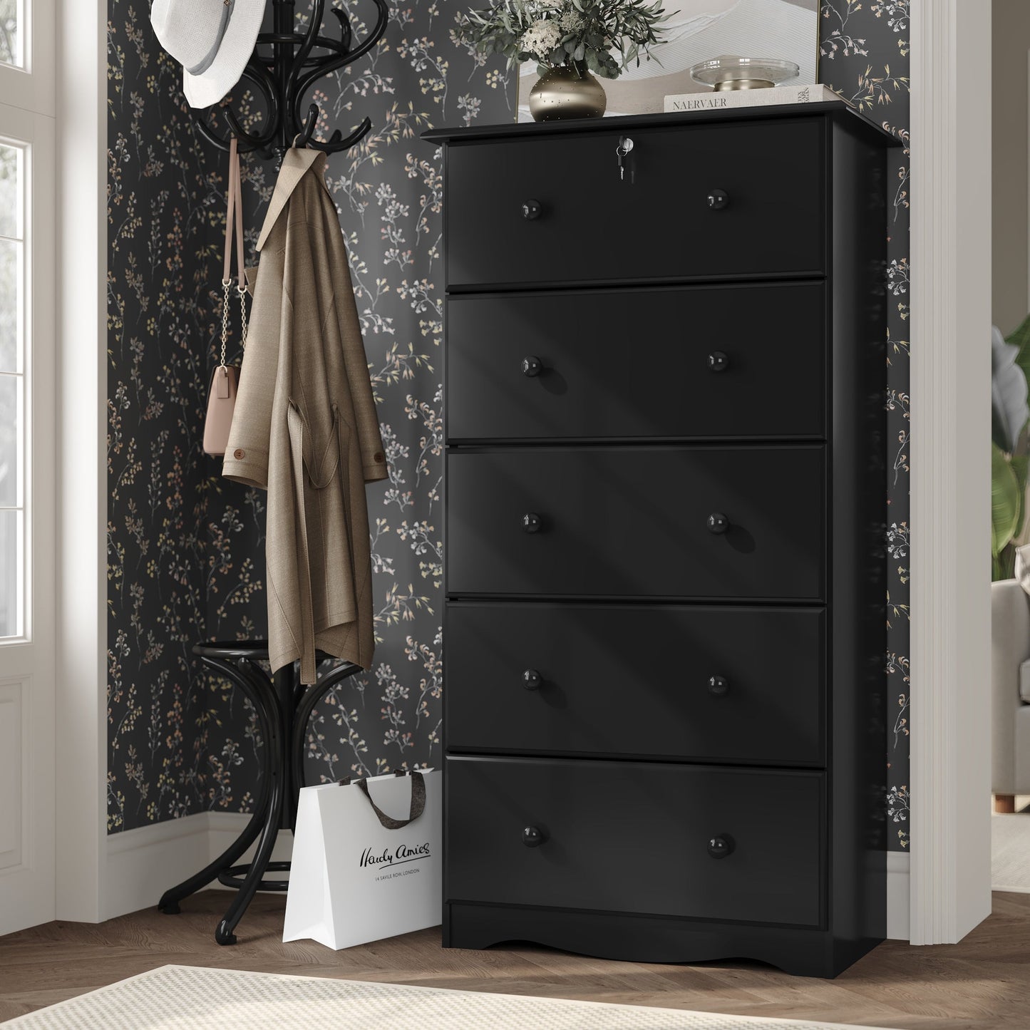 Palace Imports Cassettiera 100% in legno massello con 5 cassetti grandi, serratura, pomelli in metallo o legno