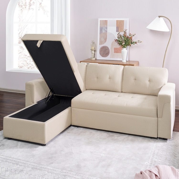 Divano componibile reversibile con letto estraibile, chaise longue con contenitore nascosto, gambe resistenti,
