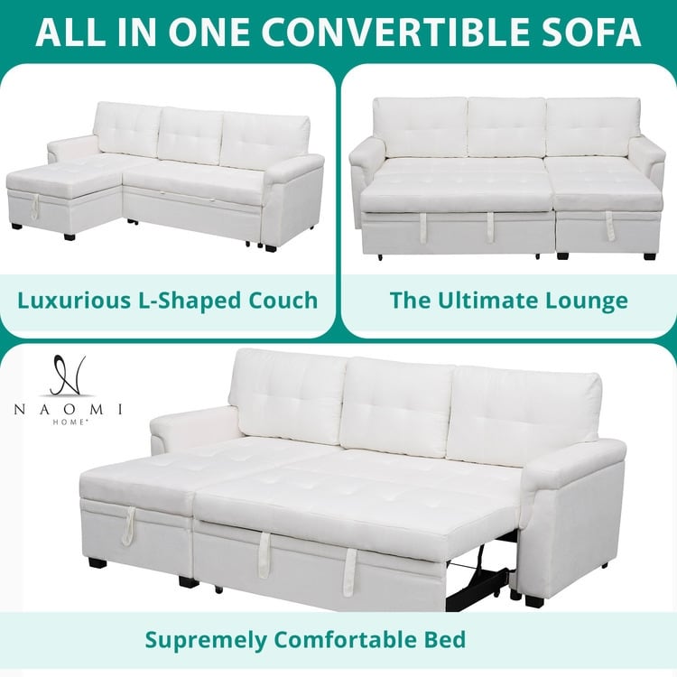 Divano componibile reversibile con letto estraibile, chaise longue con contenitore nascosto, gambe resistenti,