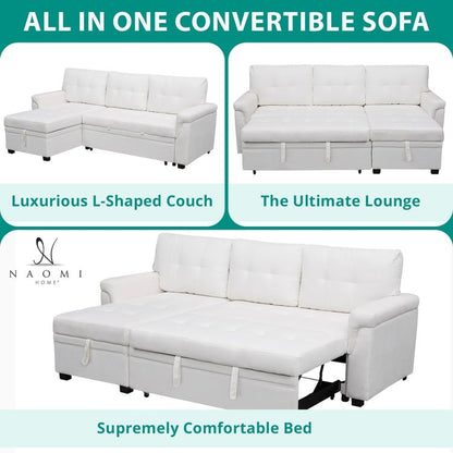 Divano componibile reversibile con letto estraibile, chaise longue con contenitore nascosto, gambe resistenti,