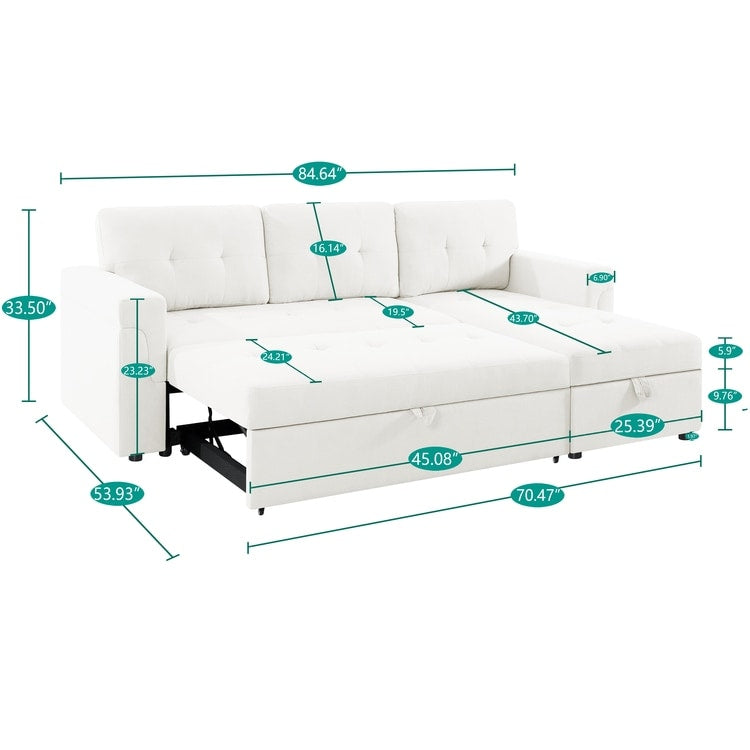 Divano componibile reversibile con letto estraibile, chaise longue con contenitore nascosto, gambe resistenti,