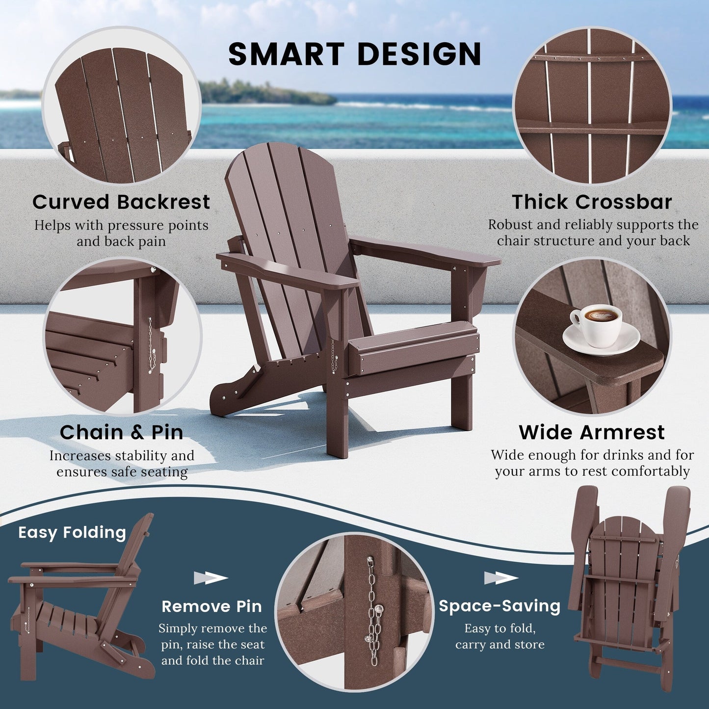 Sedie Adirondack pieghevoli per esterni e patio, resistenti alle intemperie, Polytrends Laguna (set da 2)