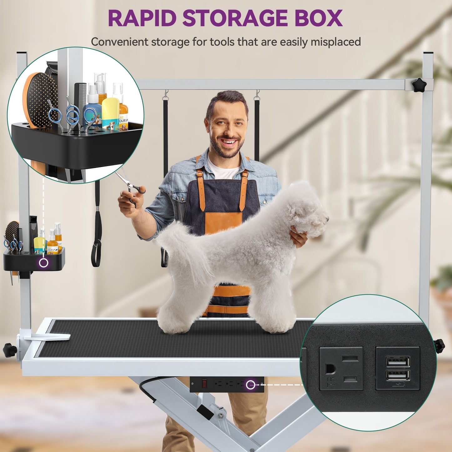 Tavolo da toelettatura professionale elettrico per cani di grossa taglia, tavolo da toelettatura per animali domestici resistente con braccio in alluminio per toelettatura cani - 50''W