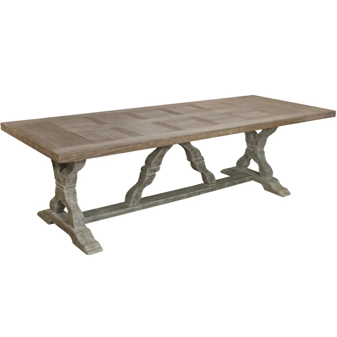 Tavolo da pranzo scolpito con piano in legno di parquet rustico