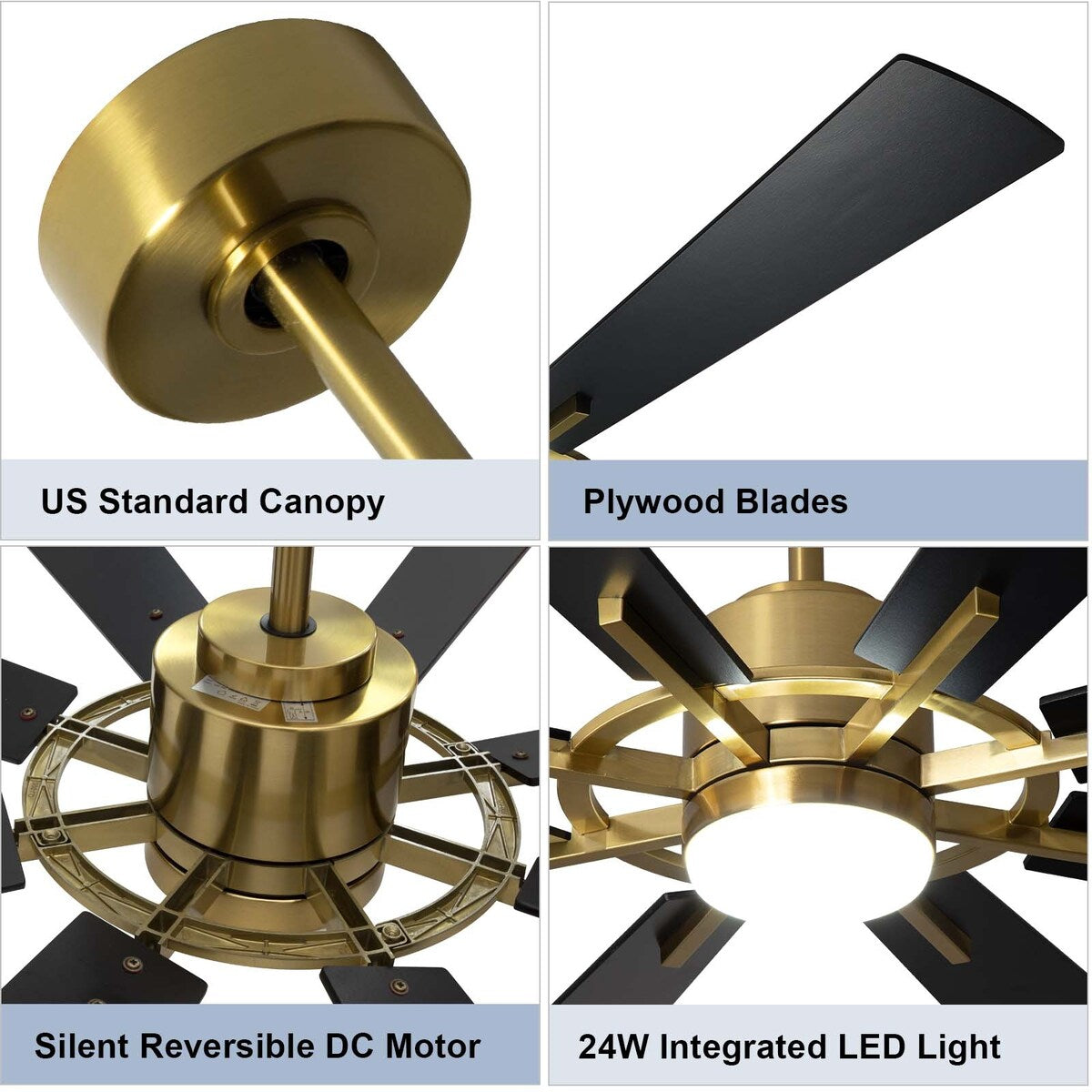 Ventilatore da soffitto con luci e telecomando, 8 pale in legno grandi