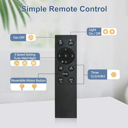 Ventilatore da soffitto con luci e telecomando, 8 pale in legno grandi