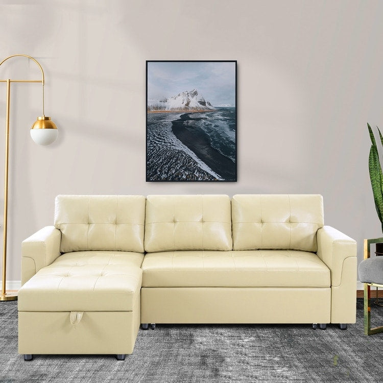 Divano componibile reversibile con letto estraibile, chaise longue con contenitore nascosto e gambe resistenti