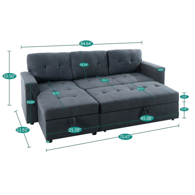 Divano componibile reversibile con letto estraibile, chaise longue con contenitore nascosto e gambe resistenti