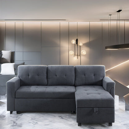 Divano componibile reversibile con letto estraibile, chaise longue con contenitore nascosto, gambe resistenti,