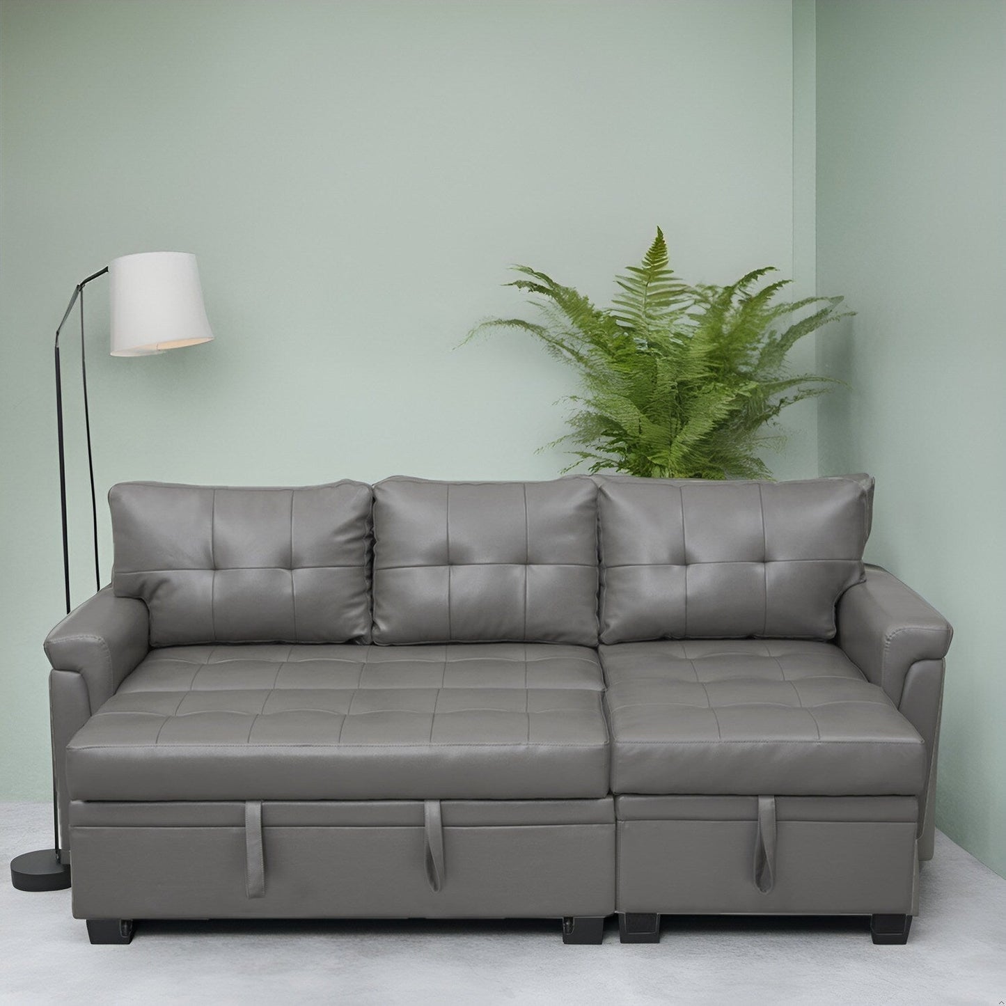 Divano componibile reversibile con letto estraibile, chaise longue con contenitore nascosto, gambe resistenti,