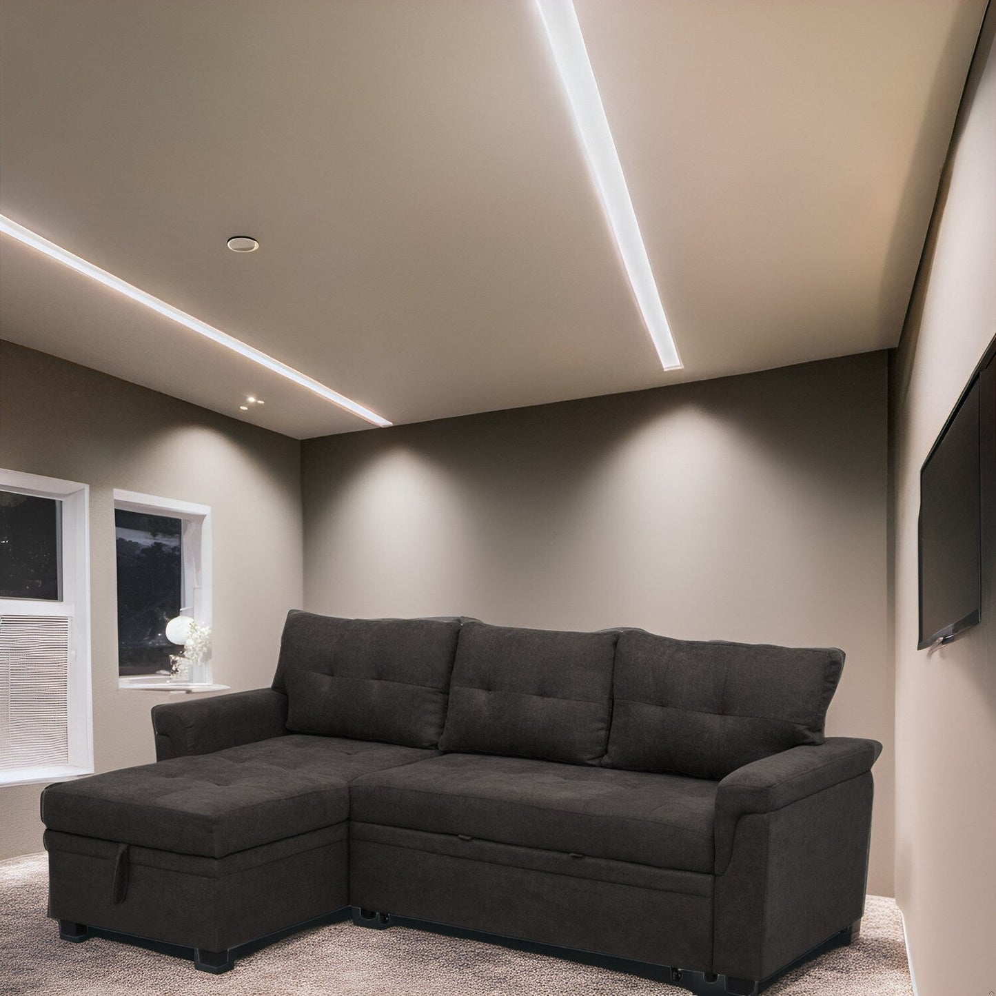 Divano componibile reversibile con letto estraibile, chaise longue con contenitore nascosto, gambe resistenti,