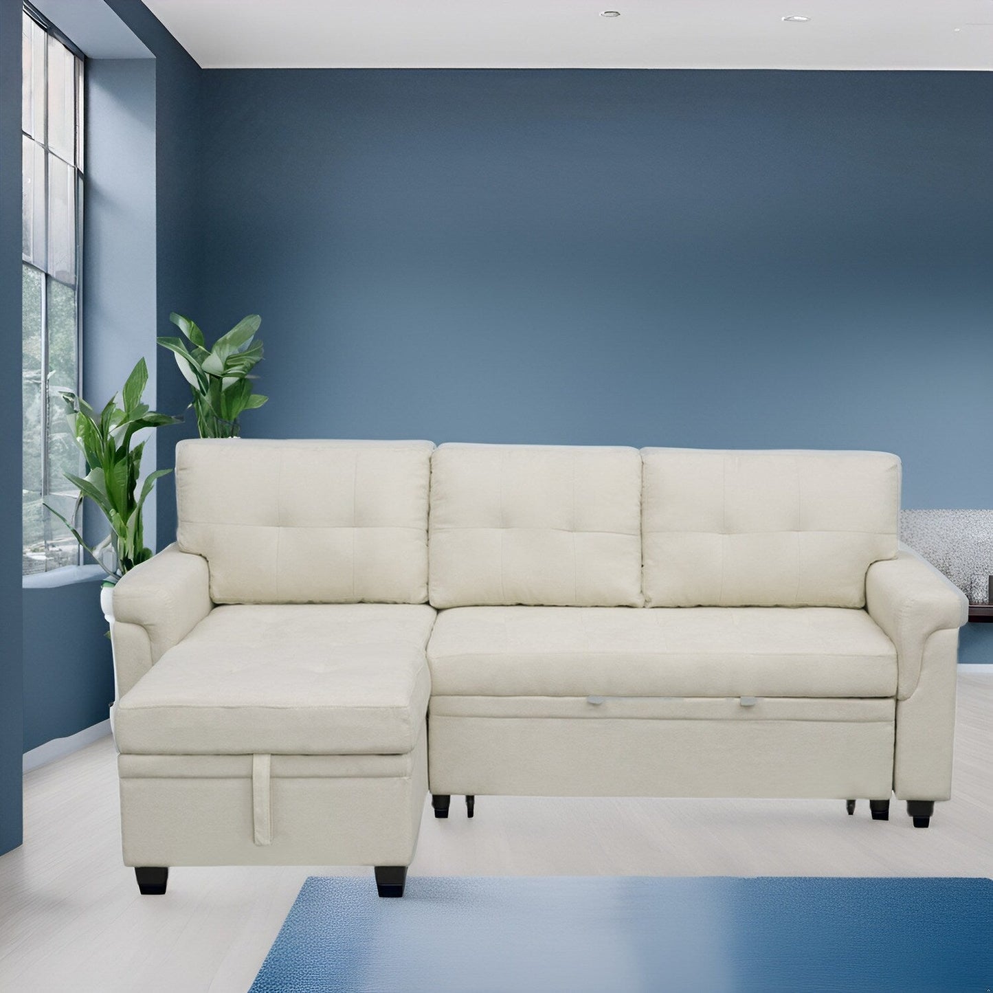 Divano componibile reversibile con letto estraibile, chaise longue con contenitore nascosto, gambe resistenti,