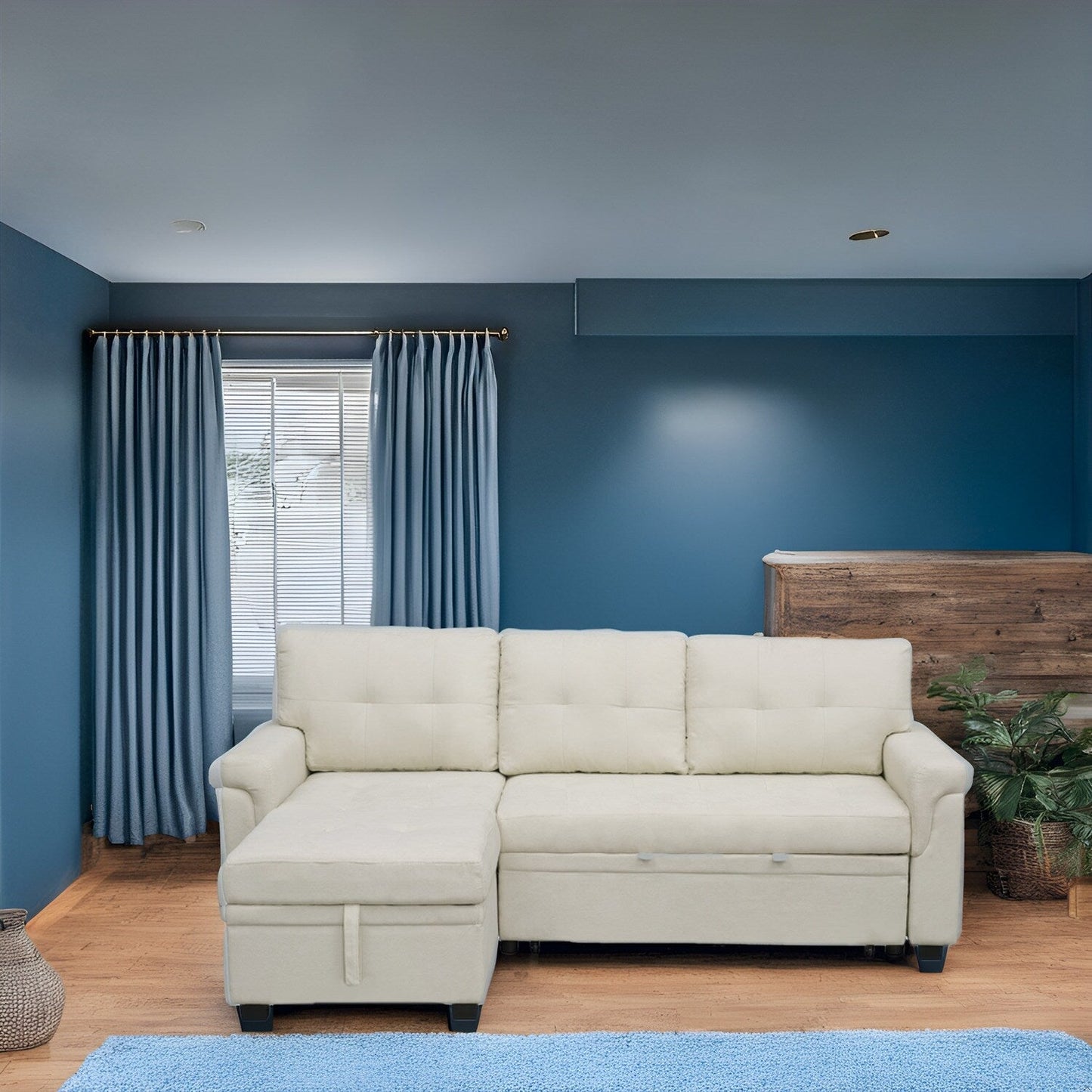 Divano componibile reversibile con letto estraibile, chaise longue con contenitore nascosto, gambe resistenti,