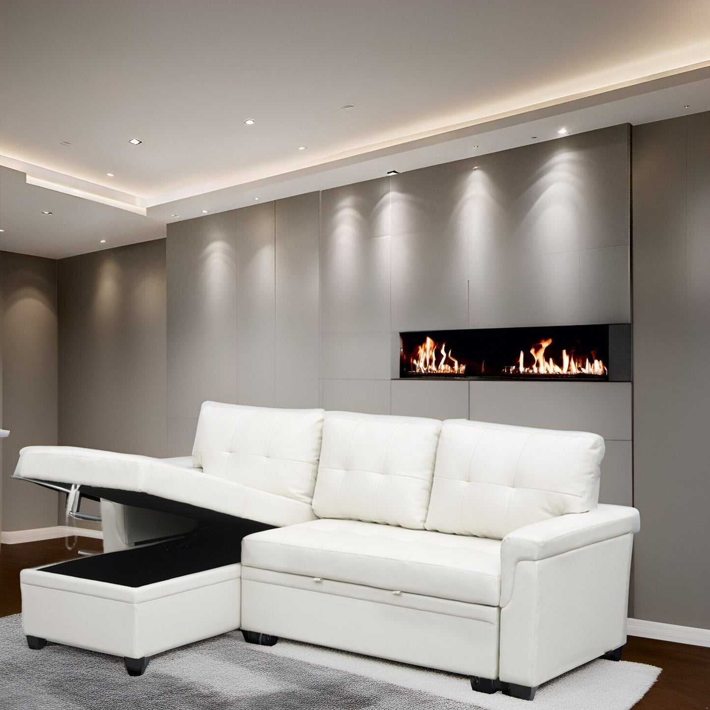 Divano componibile reversibile con letto estraibile, chaise longue con contenitore nascosto, gambe resistenti,