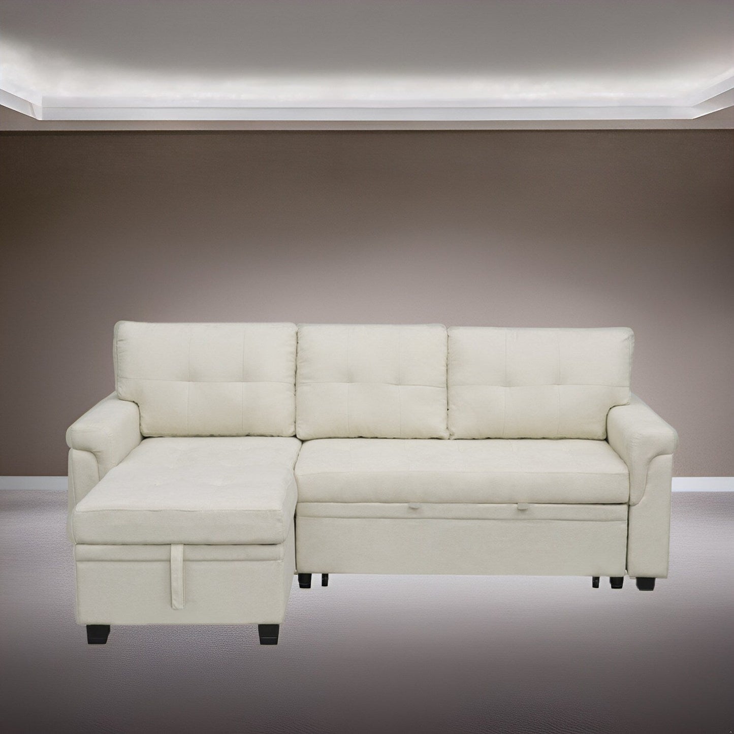 Divano componibile reversibile con letto estraibile, chaise longue con contenitore nascosto, gambe resistenti,