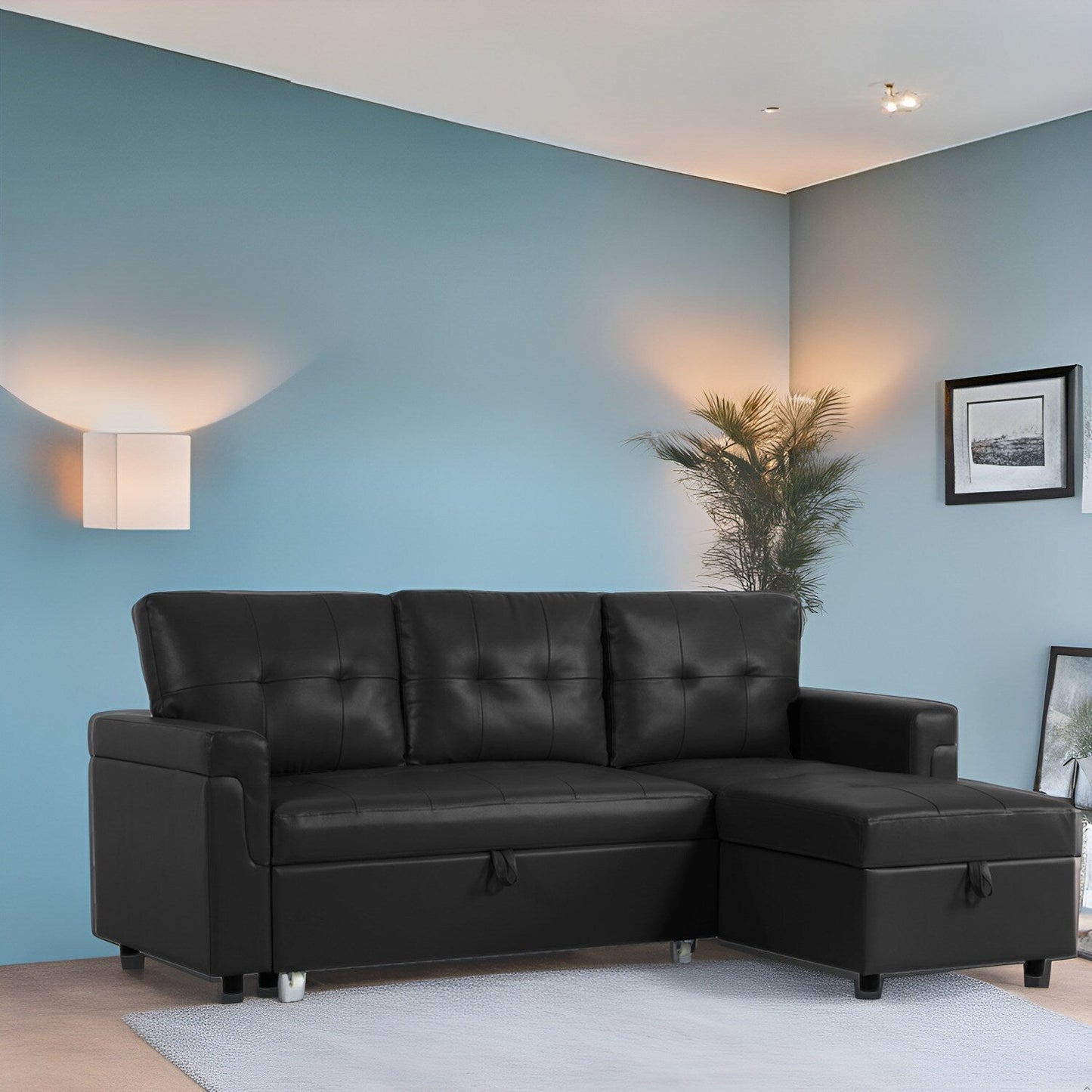 Divano componibile reversibile con letto estraibile, chaise longue con contenitore nascosto, gambe resistenti,