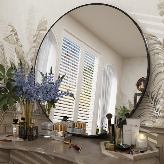 Specchio da parete per bagno con cornice nera rotonda