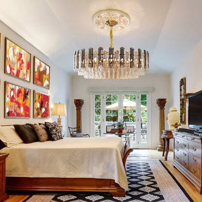 Lampadario da soffitto in cristallo brillante a strati rotondi con lampada a sospensione a 3 colori