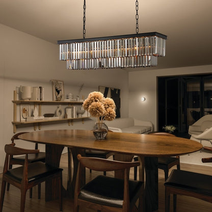 Lampadario moderno contemporaneo in cristallo grigio fumé e nero da 47 pollici, a 2 livelli, con isola da cucina lineare, per sala da pranzo