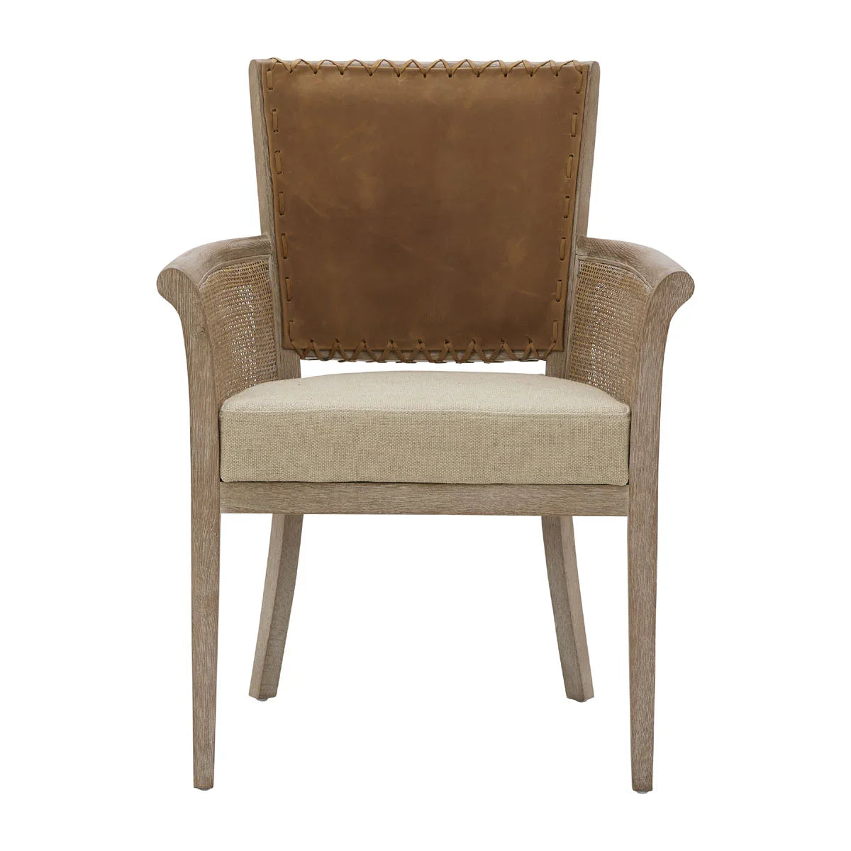 Poltrona con braccioli in canna e schienale in pelle cucita 