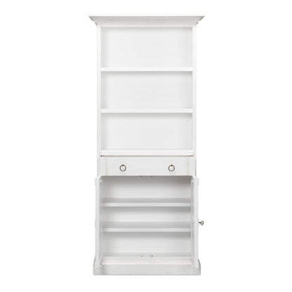 Libreria bianca con ante e ripiani aperti