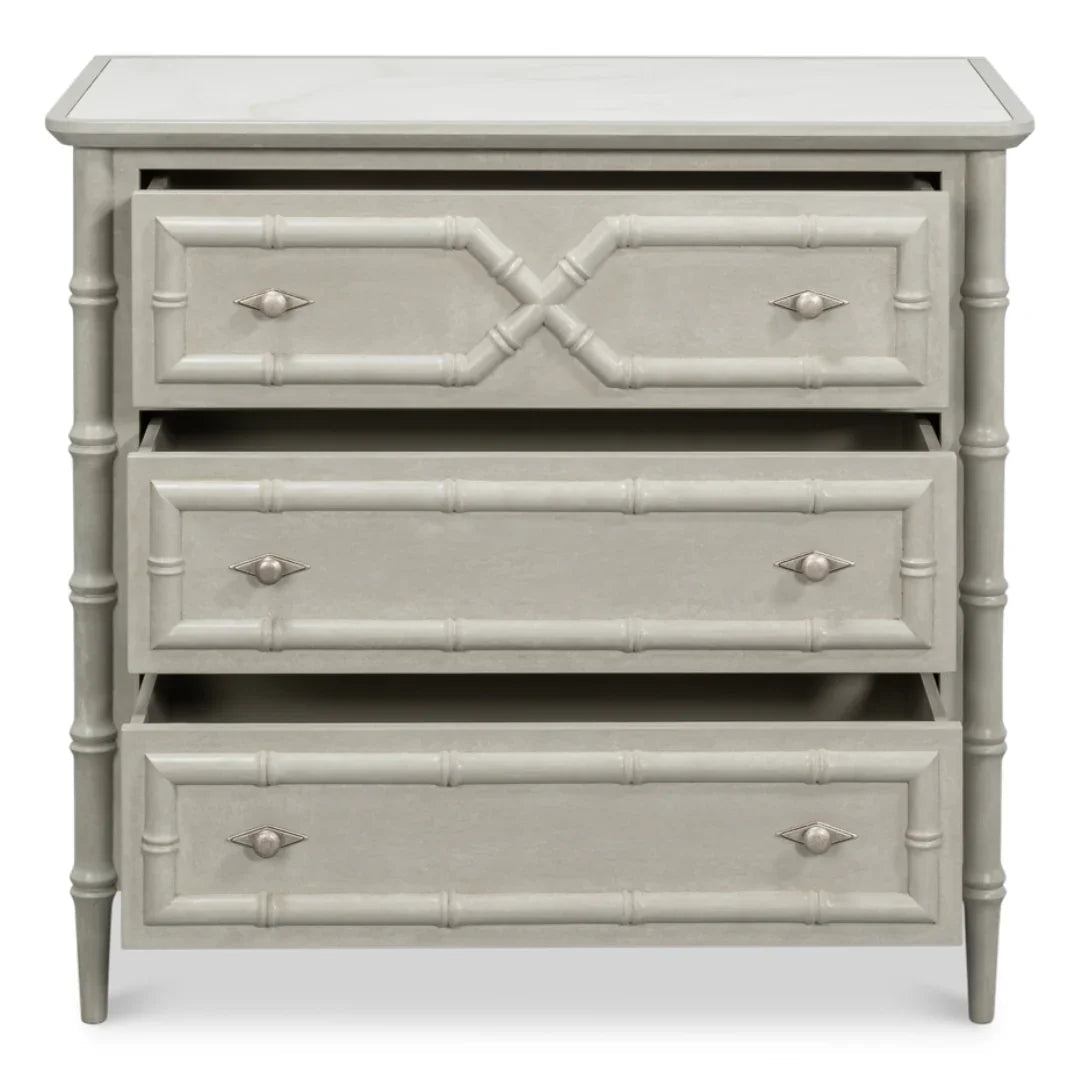 Cassettiera laterale in bambù con piano in porcellana bianca