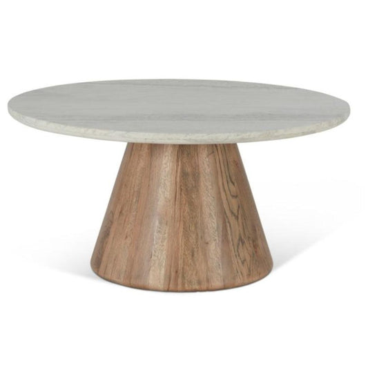 Tavolino da caffè in travertino bianco con base in rovere chiaro