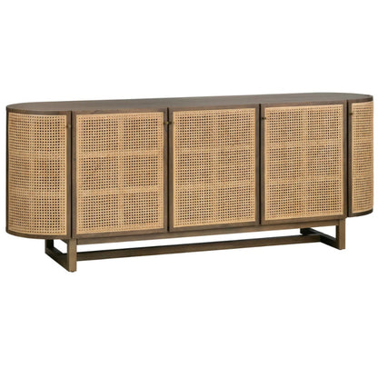 Credenza con porta in rattan intrecciato e silhouette arrotondata