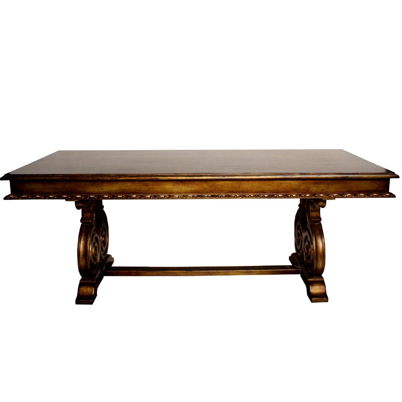 Tavolo decorato in legno tinto con cassetti