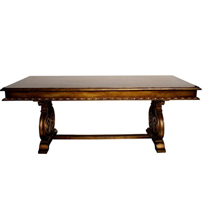 Tavolo decorato in legno tinto con cassetti