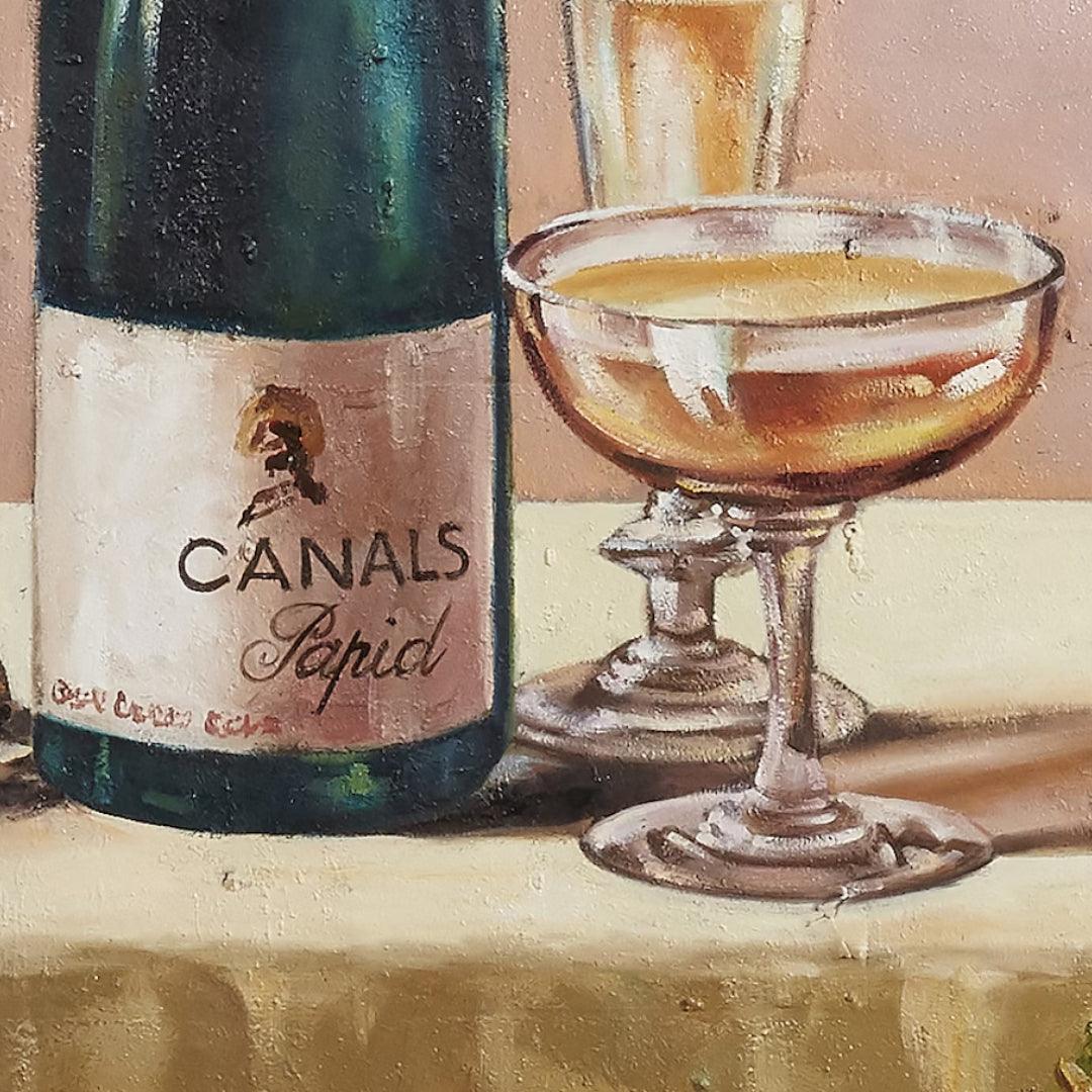 Decorazione murale in metallo con pittura a olio e brindisi con champagne