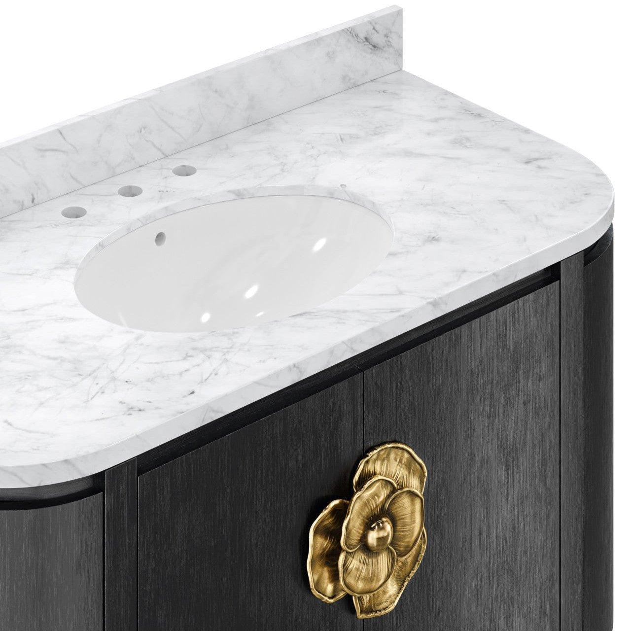 Mobiletto da toeletta a mezzaluna con piano in marmo nero e fiori in ottone