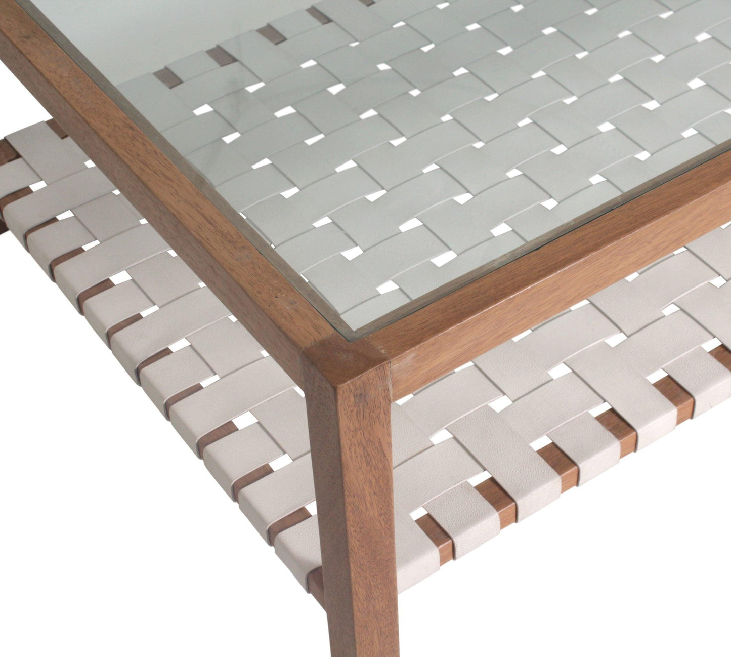 Tavolino da caffè con cinturino in pelle e piano in vetro