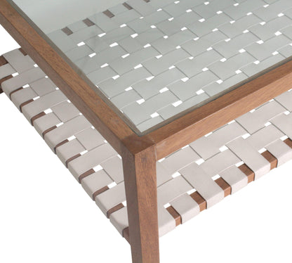 Tavolino da caffè con cinturino in pelle e piano in vetro