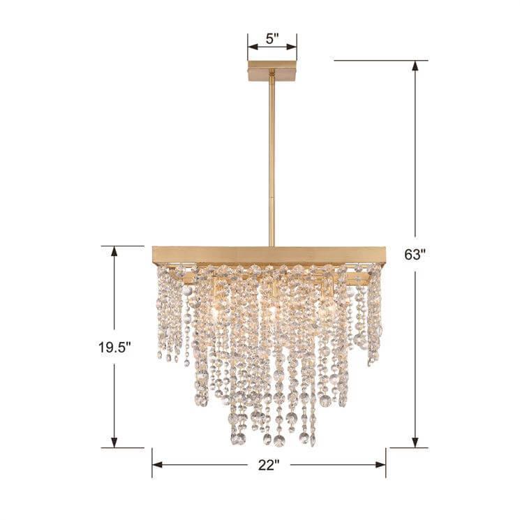 Lampadario rettangolare dorato a pioggia in cristallo