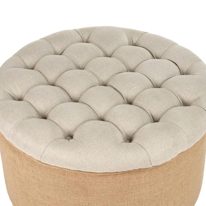 Pouf rotondo in tela di iuta trapuntata