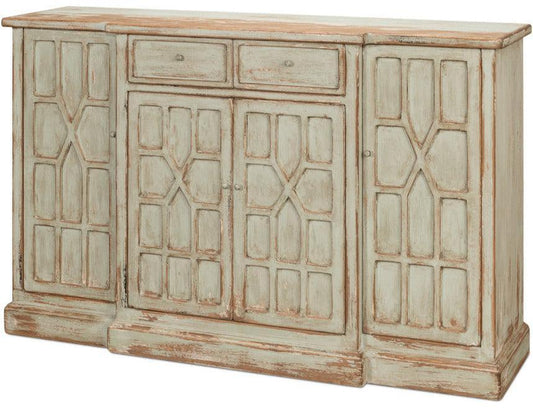 Credenza in stile fattoria con intaglio geometrico color salvia