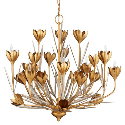 Lampadario a 9 luci in oro con fiori di croco