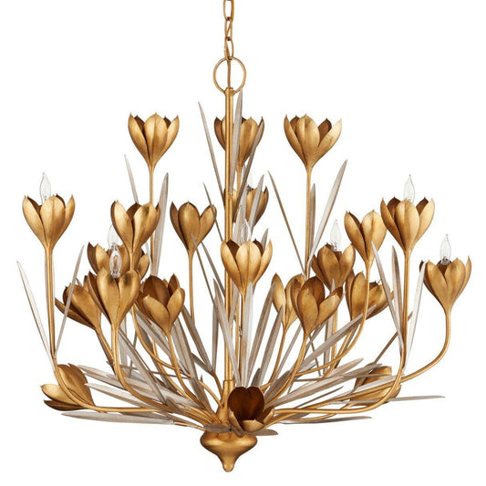 Lampadario a 9 luci in oro con fiori di croco